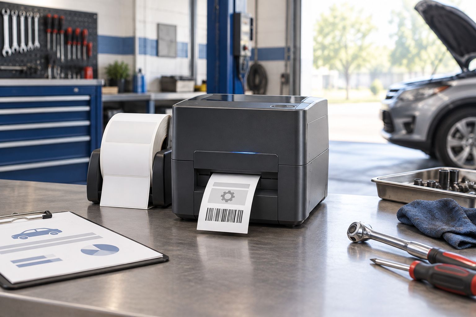 Industrial thermal label printer on a service counter printing a sticker