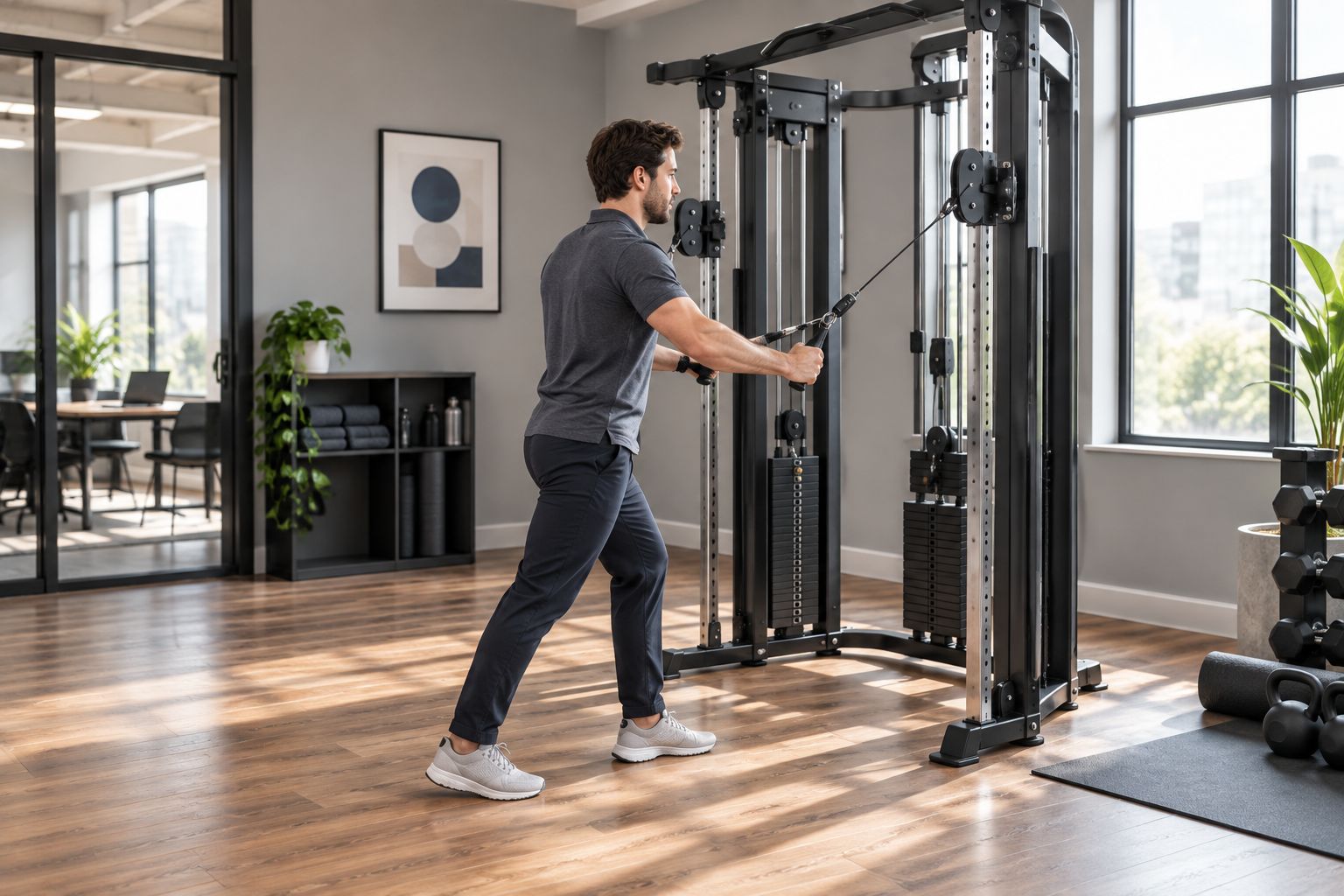 Mitarbeiter trainiert an einer Multistation im Firmenfitnessraum