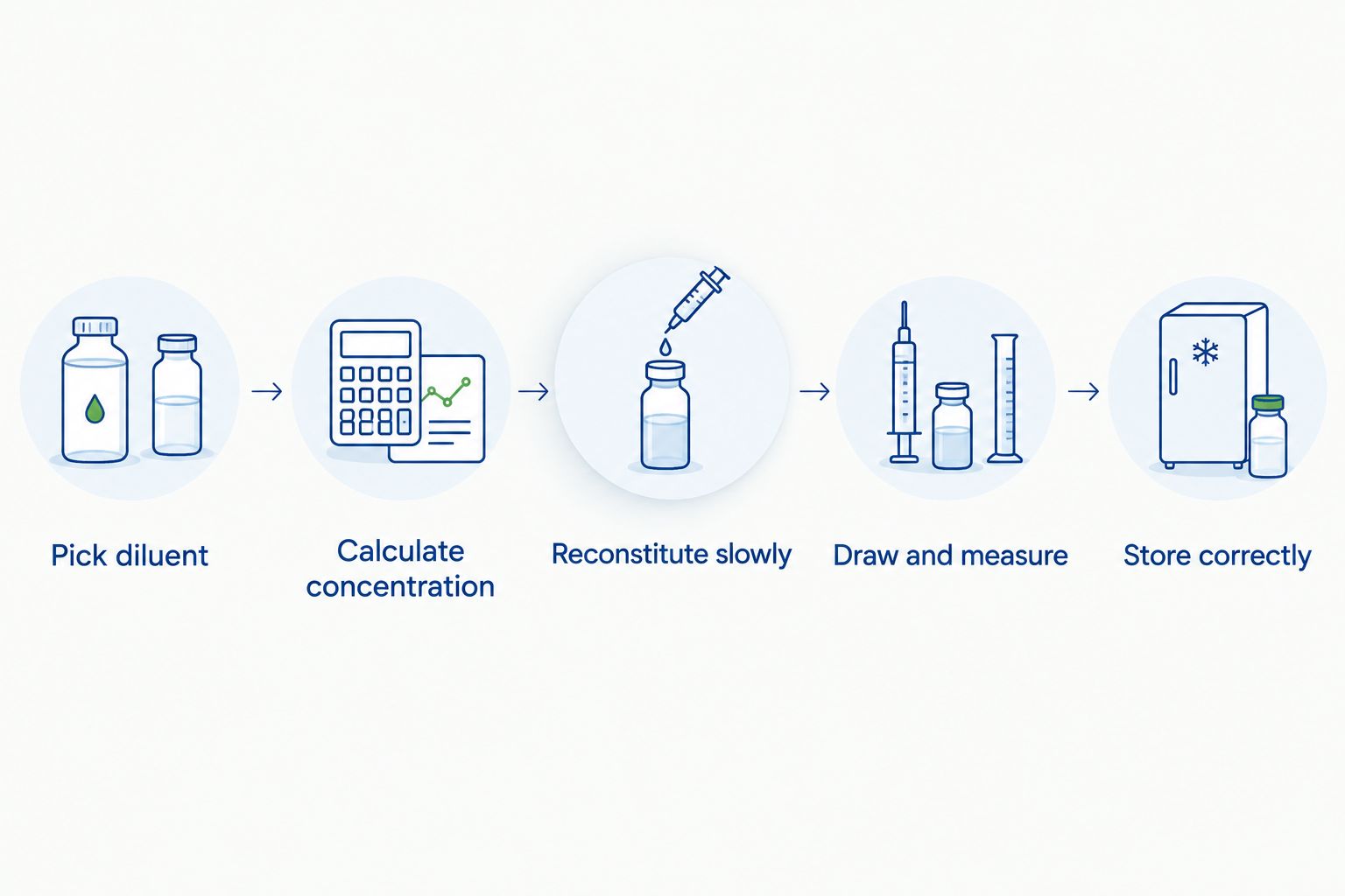 Five-step diagram of the peptide reconstitution workflow for lab research
