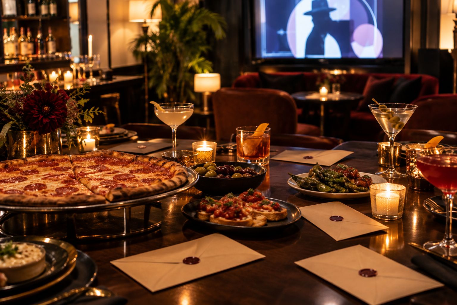 Lounge table with pizza, small plates, cocktails and mystery envelopes