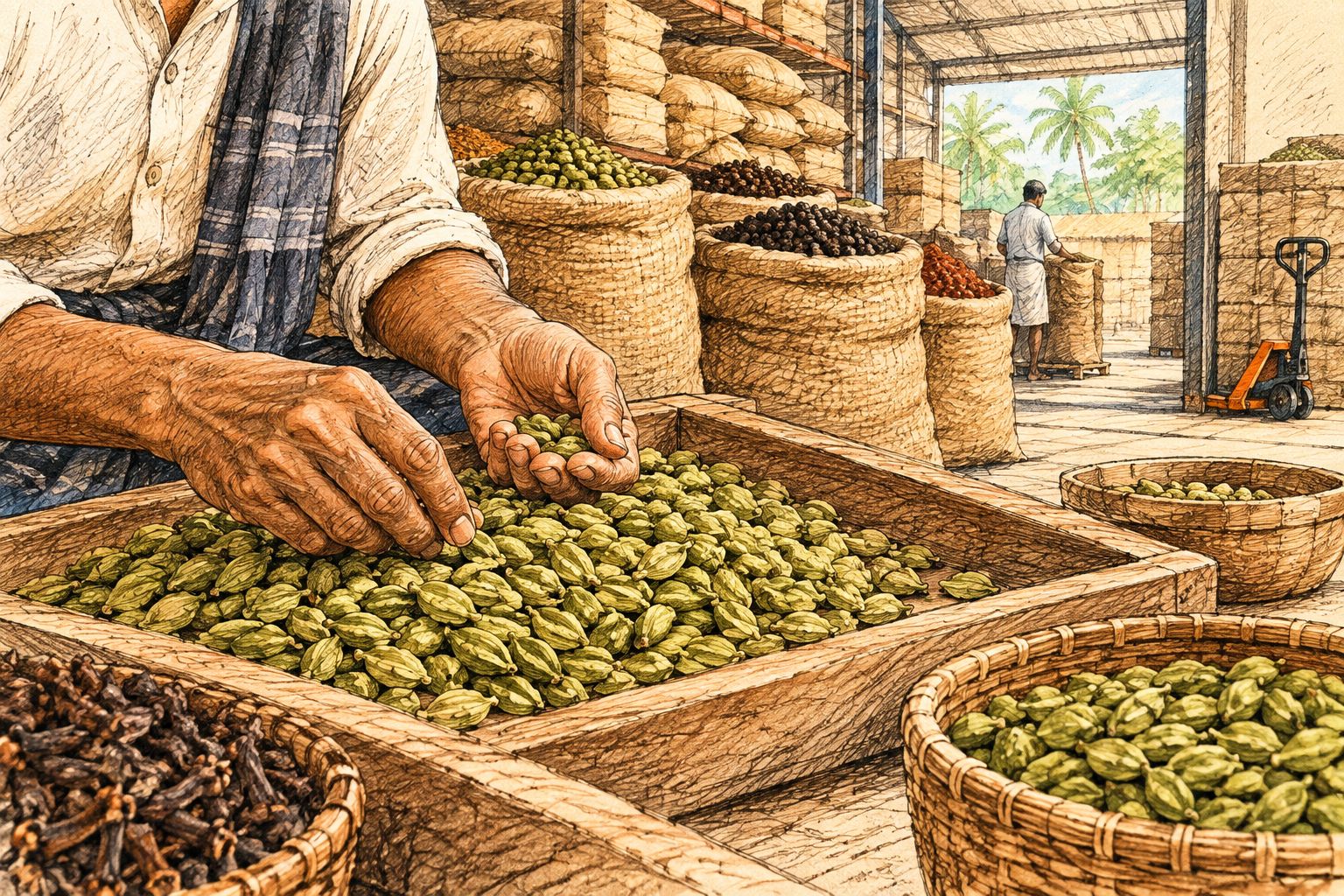 Green cardamom pods being hand-sorted in a Kerala warehouse
