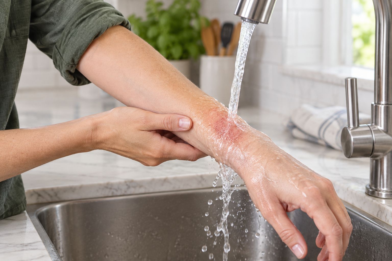 Forearm being cooled under running water after a kitchen burn
