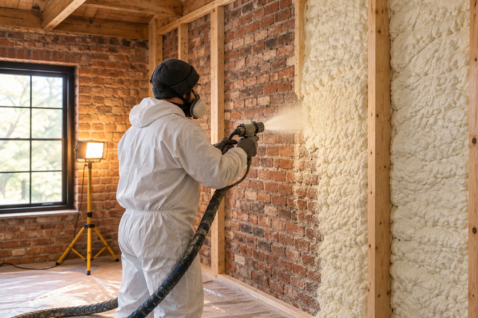 Spray foam insulation being applied to a brick carriage house wall