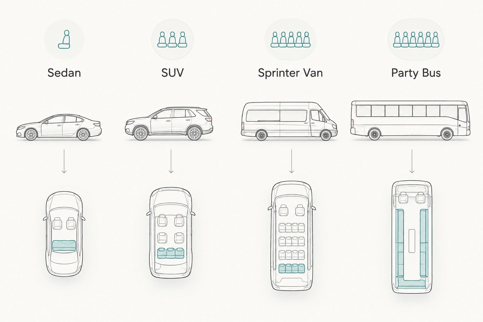 Four-column comparison of sedan, SUV, sprinter van, and party bus for a birthday party