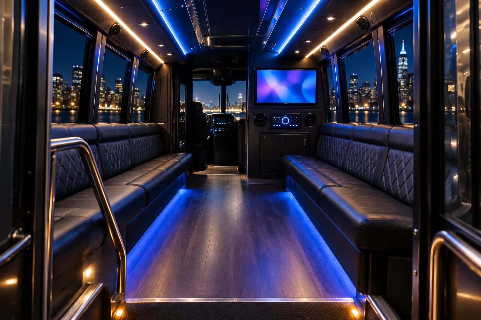 Party bus interior with LED lighting and bench seating