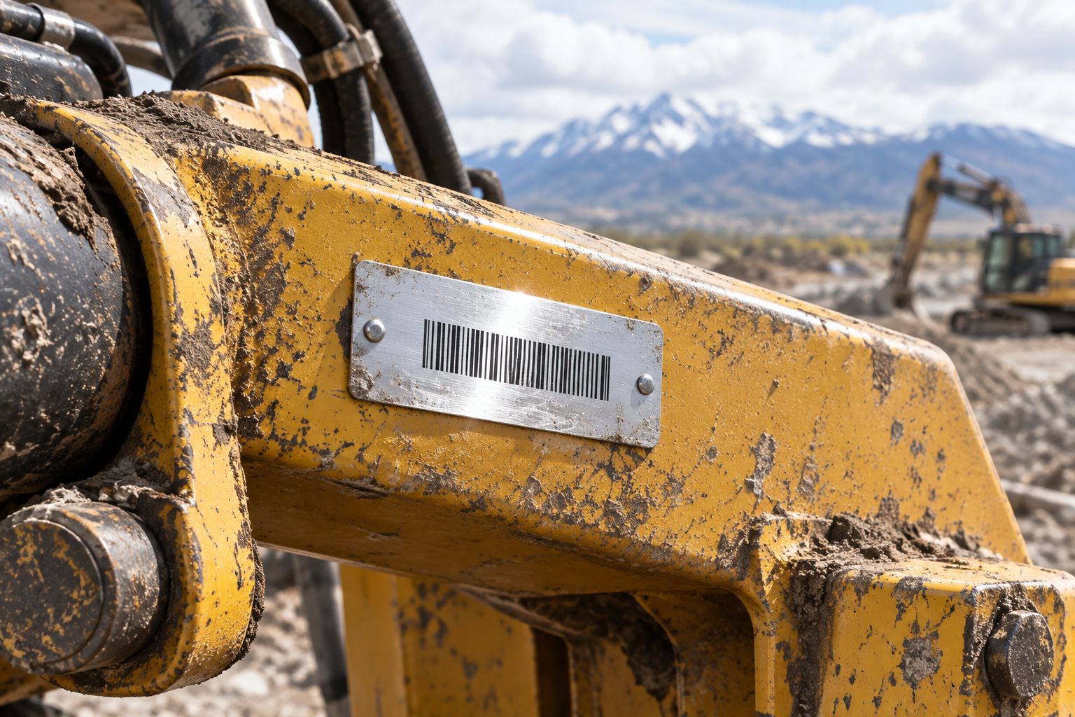Metallized silver asset tag applied to outdoor construction equipment