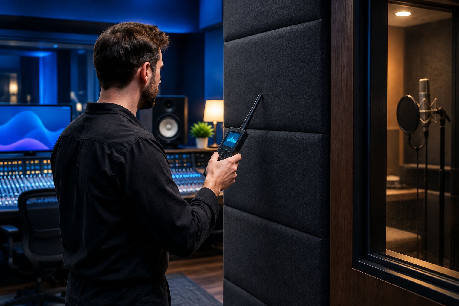 Technician scanning a vocal booth wall with a handheld RF detector