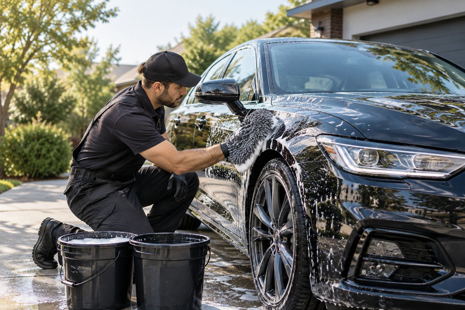 Mobile detailing technician washing a new car in a driveway