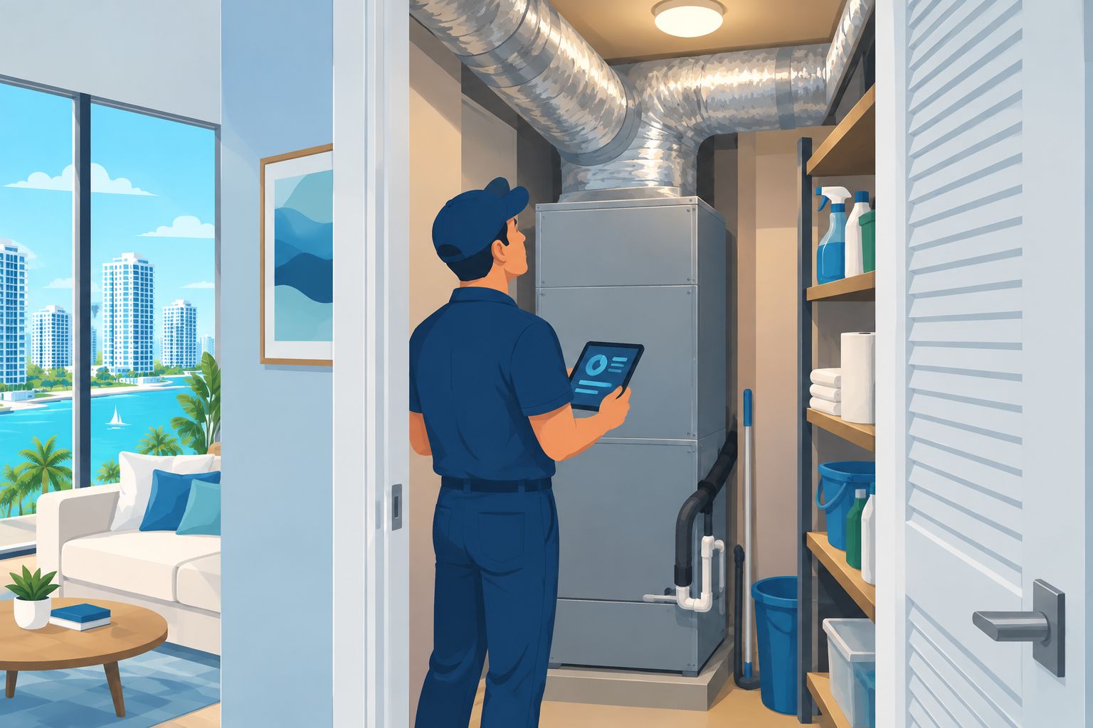 Compact air handler installed in a narrow condo utility closet