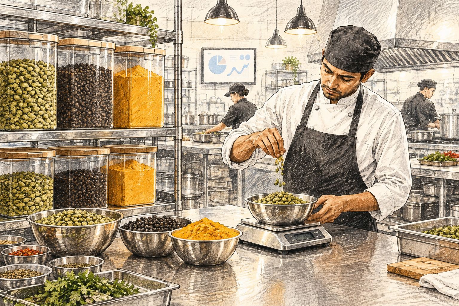 Commercial kitchen shelving with bulk spice containers and a chef weighing cardamom
