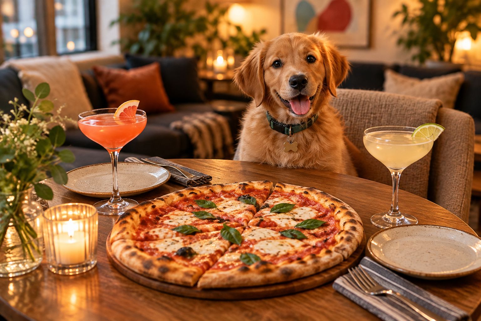 Table set with New York-style pizza, small plates, and cocktails for a celebration dinner