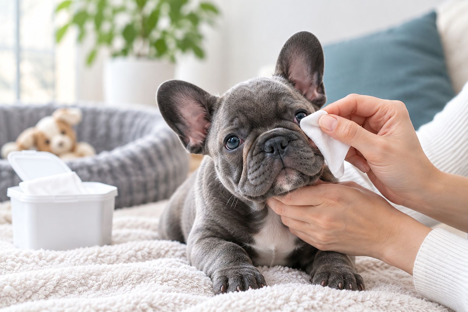 Hand gently wiping the wrinkle fold of a French Bulldog puppy