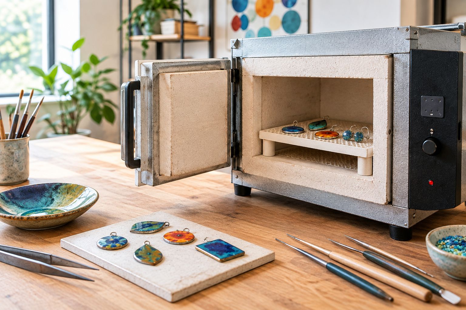 Small enamel-on-metal pieces on a trivet inside a compact kiln