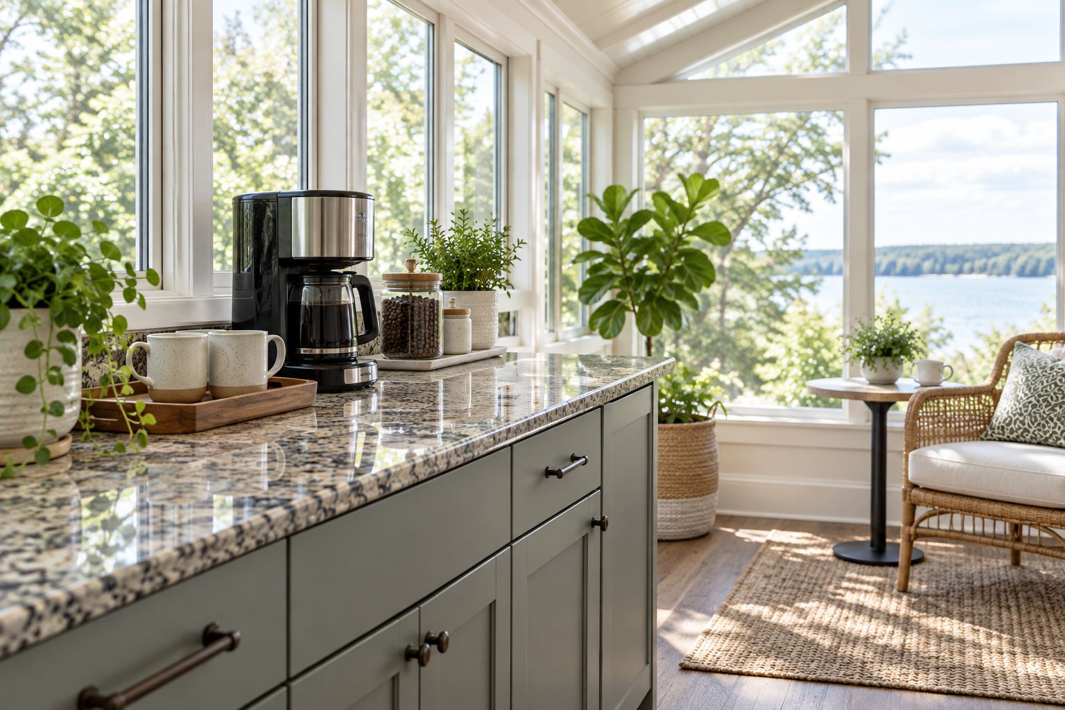 Honed granite coffee bar countertop in a sunlit sunroom kitchenette