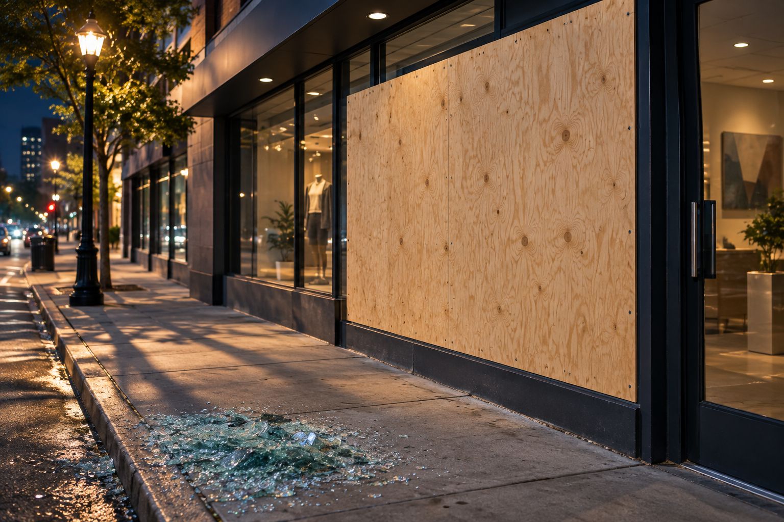 Commercial storefront window secured with plywood at night after a break-in