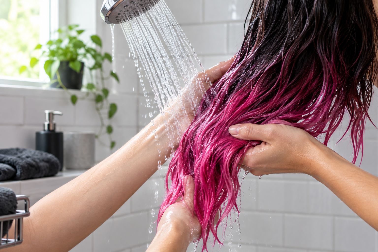 Hands rinsing vivid pink hair under cool water in a shower