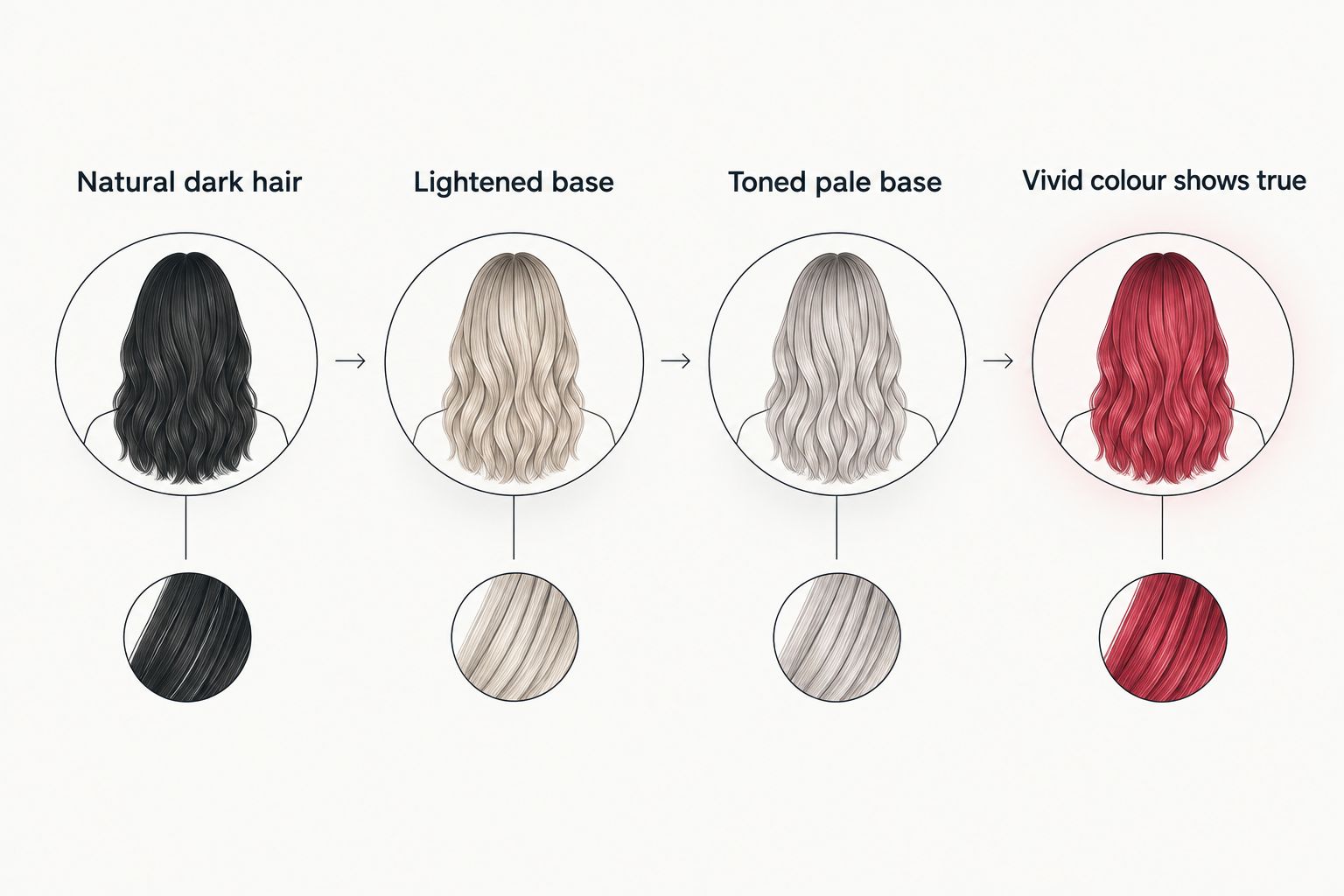 Four steps showing how hair goes from dark to a toned pale base before vivid colour shows true
