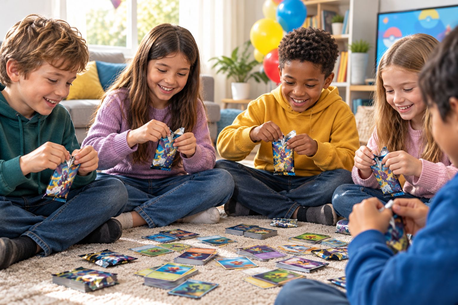 Children opening trading card booster packs together on the floor