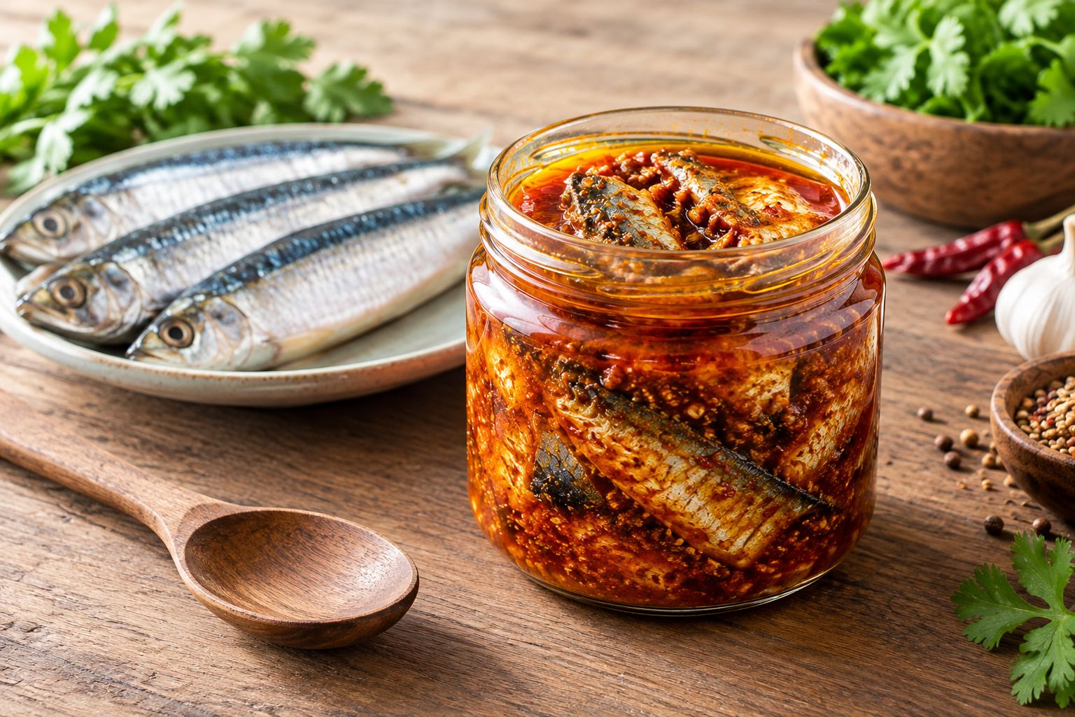 Glass jar of fish pickle with a thin oil layer on top