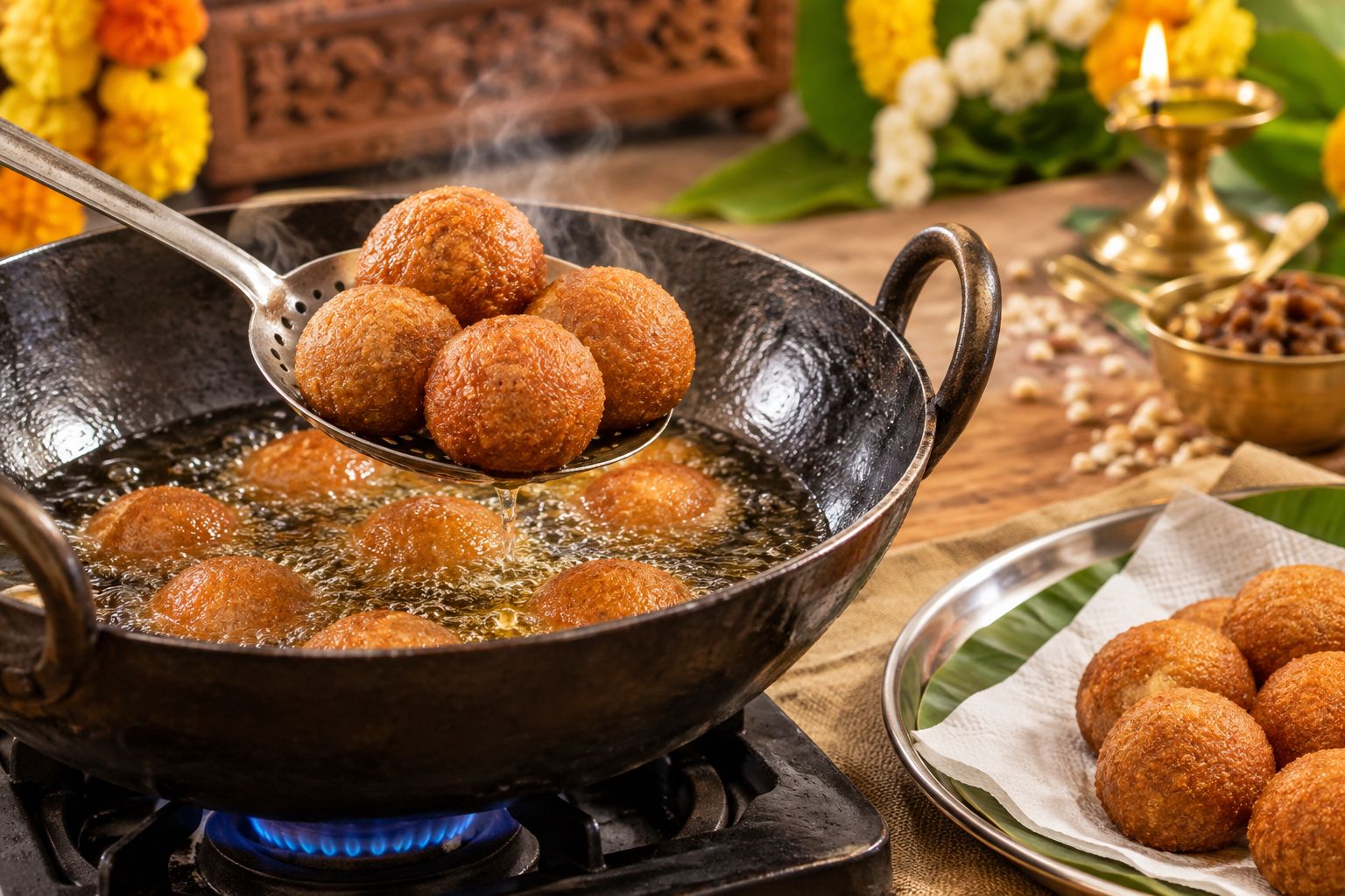 Golden fried boorelu being lifted from hot oil with a slotted spoon