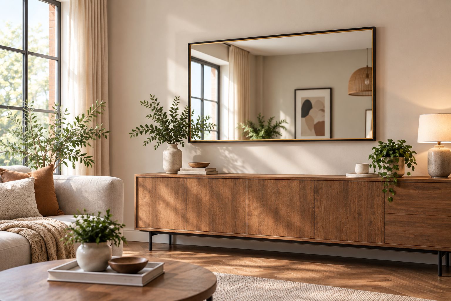 Gerahmter Spiegel mit goldschwarzem Rahmen über einem Sideboard im Wohnzimmer