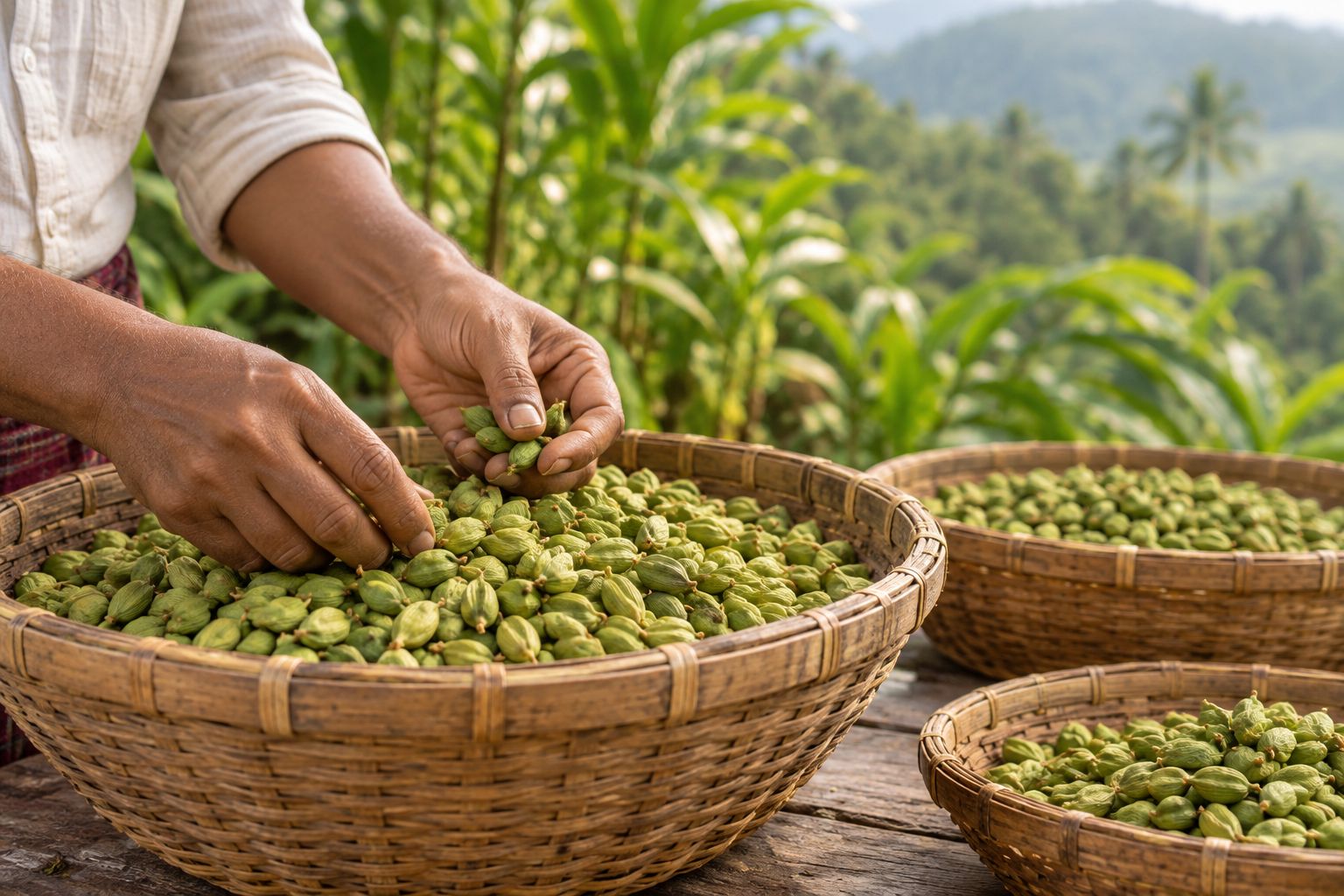 Green cardamom pods being sorted by hand on a Kerala farm