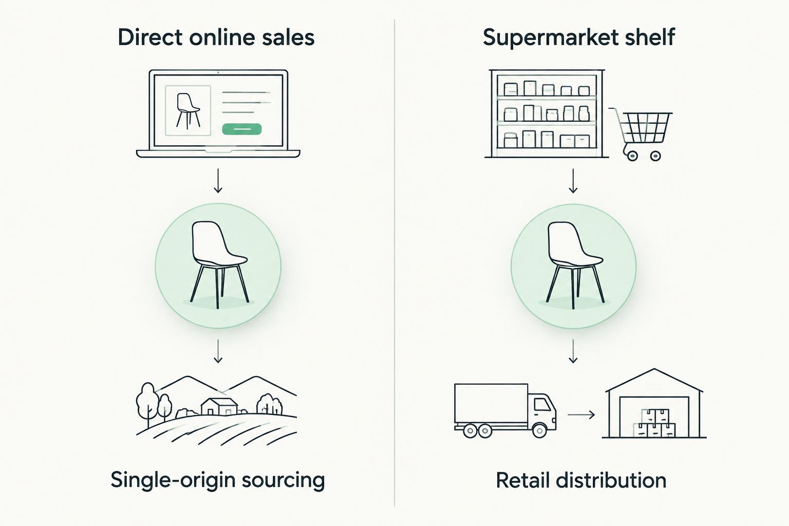 Two-column diagram comparing direct online sales to supermarket retail distribution