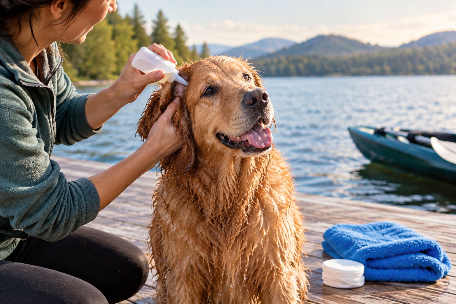 Owner applying drying ear cleaner solution to a dog after a swim
