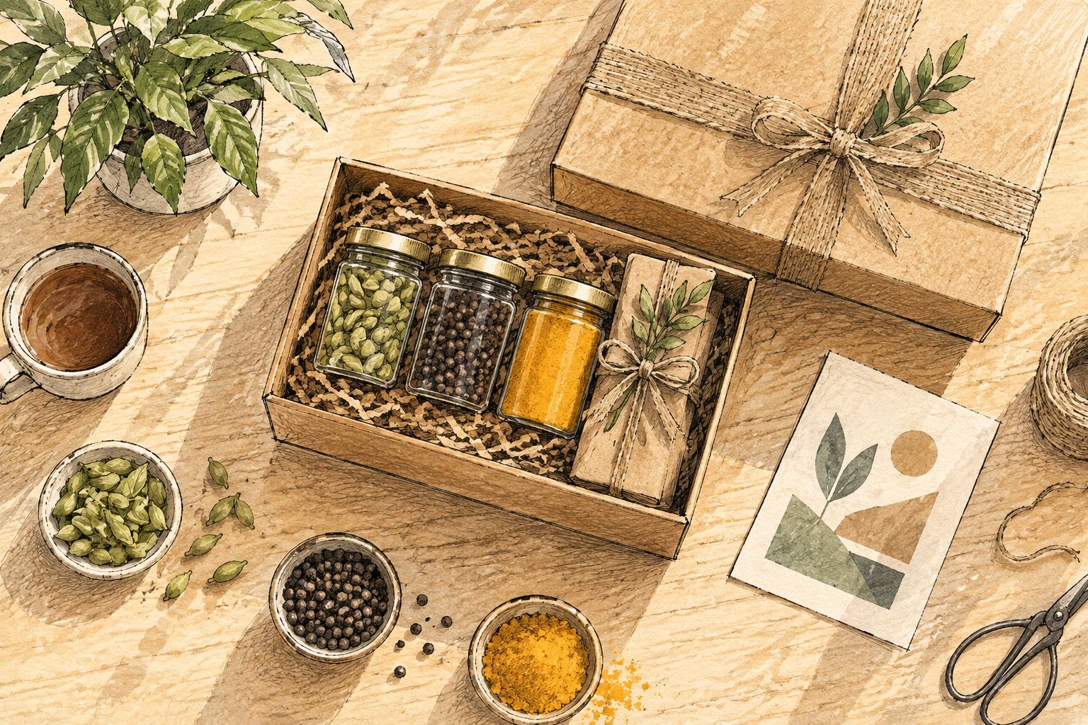 Corporate gift hamper with jars of cardamom, pepper and turmeric powder