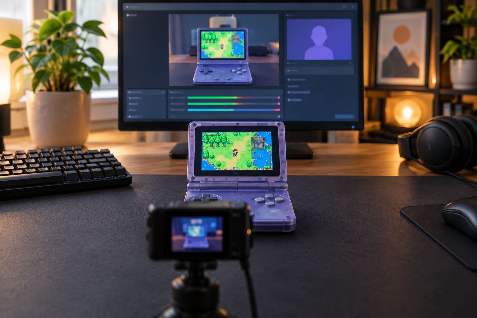 Camera mounted squarely in front of an open handheld console