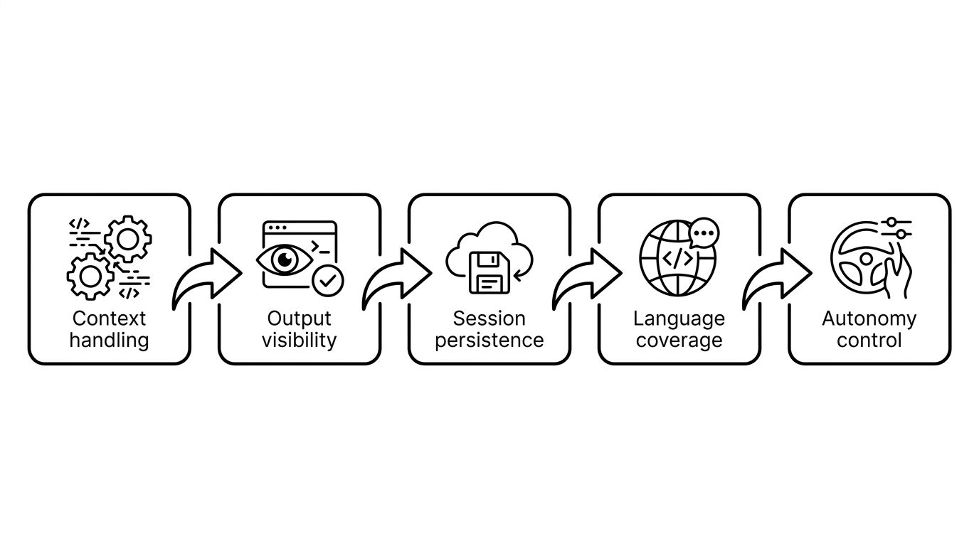 Five criteria used to evaluate AI coding agents in a row