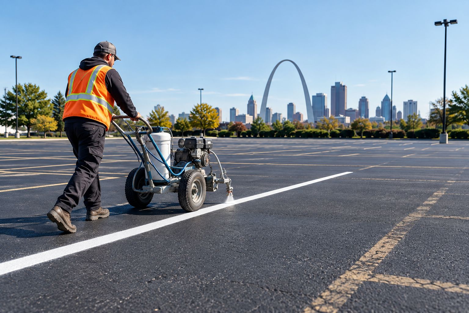 Striping machine painting a new line on a commercial parking lot