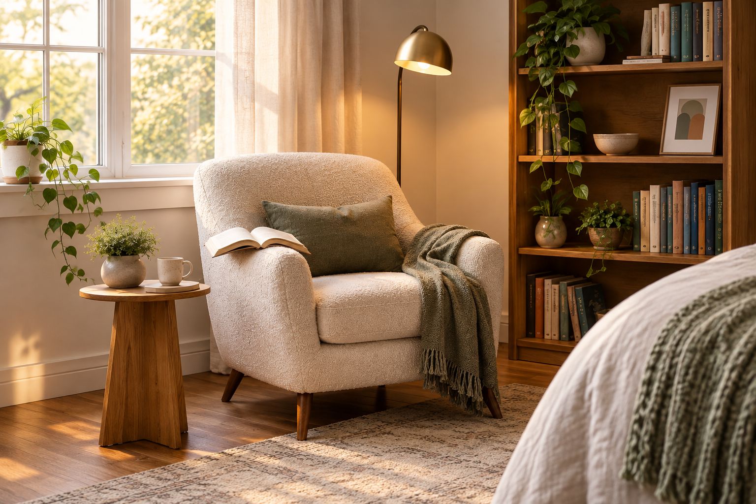 Upholstered armchair positioned in a bedroom reading corner beside a window