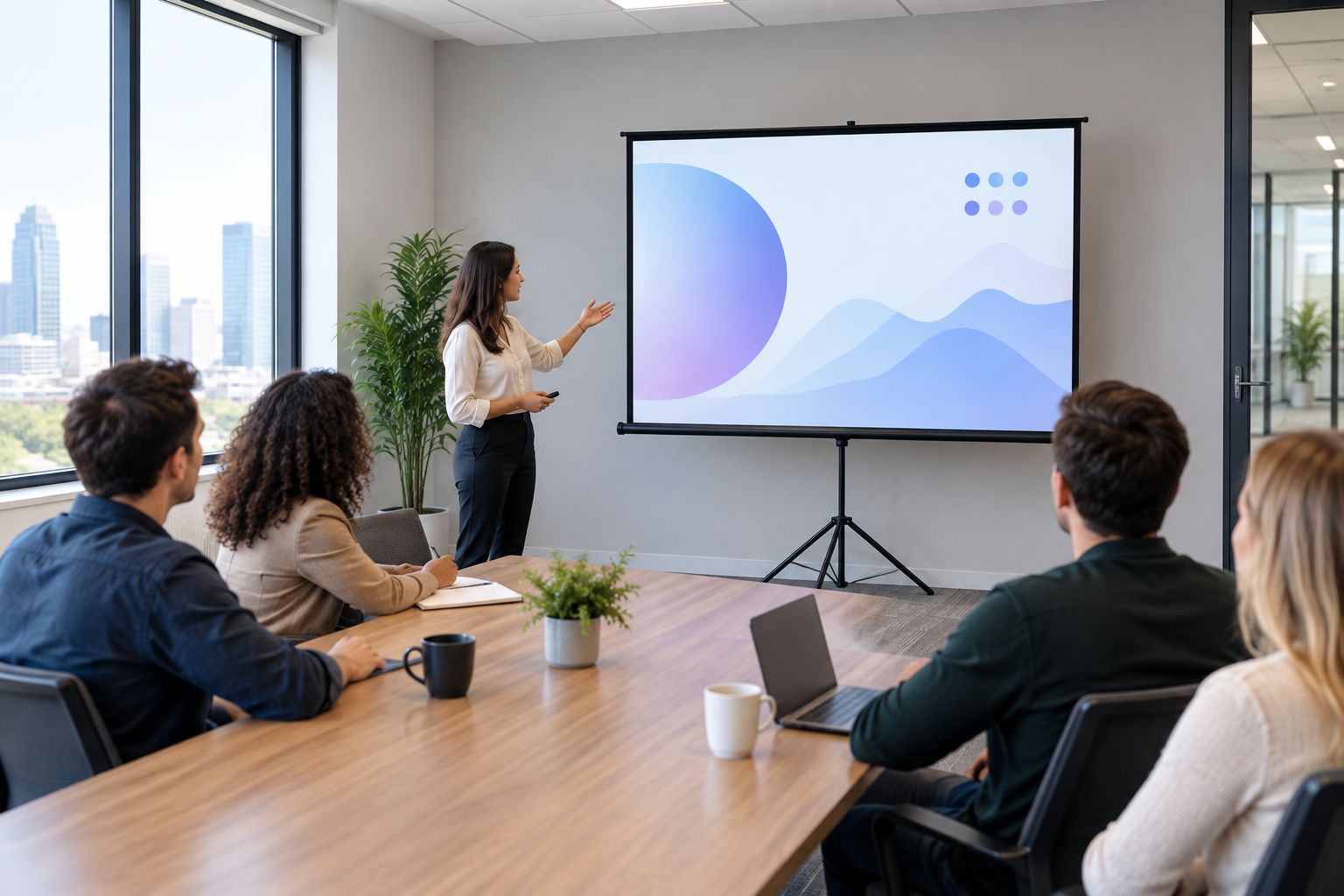 Portable tripod projector screen positioned beside a meeting-room table and clear of the doorway