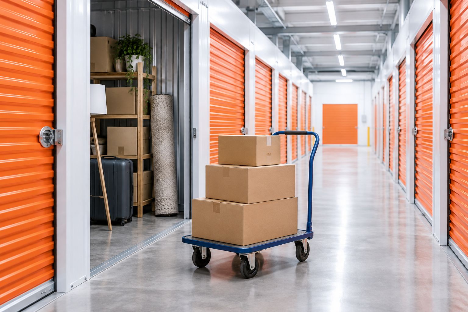 Storage facility corridor with roller-door units and a loaded hand cart