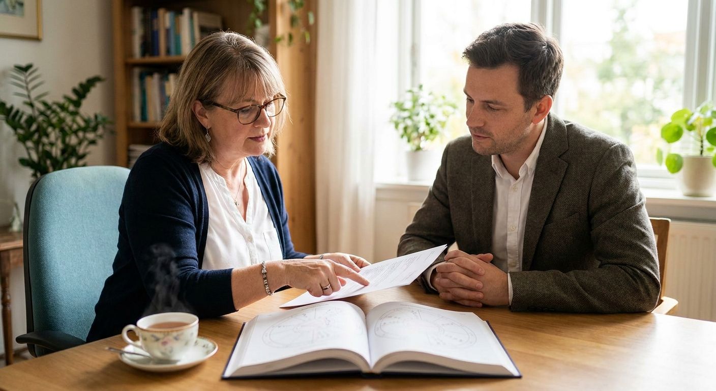 A woman and man reviewing documents beside an open astrology chart
