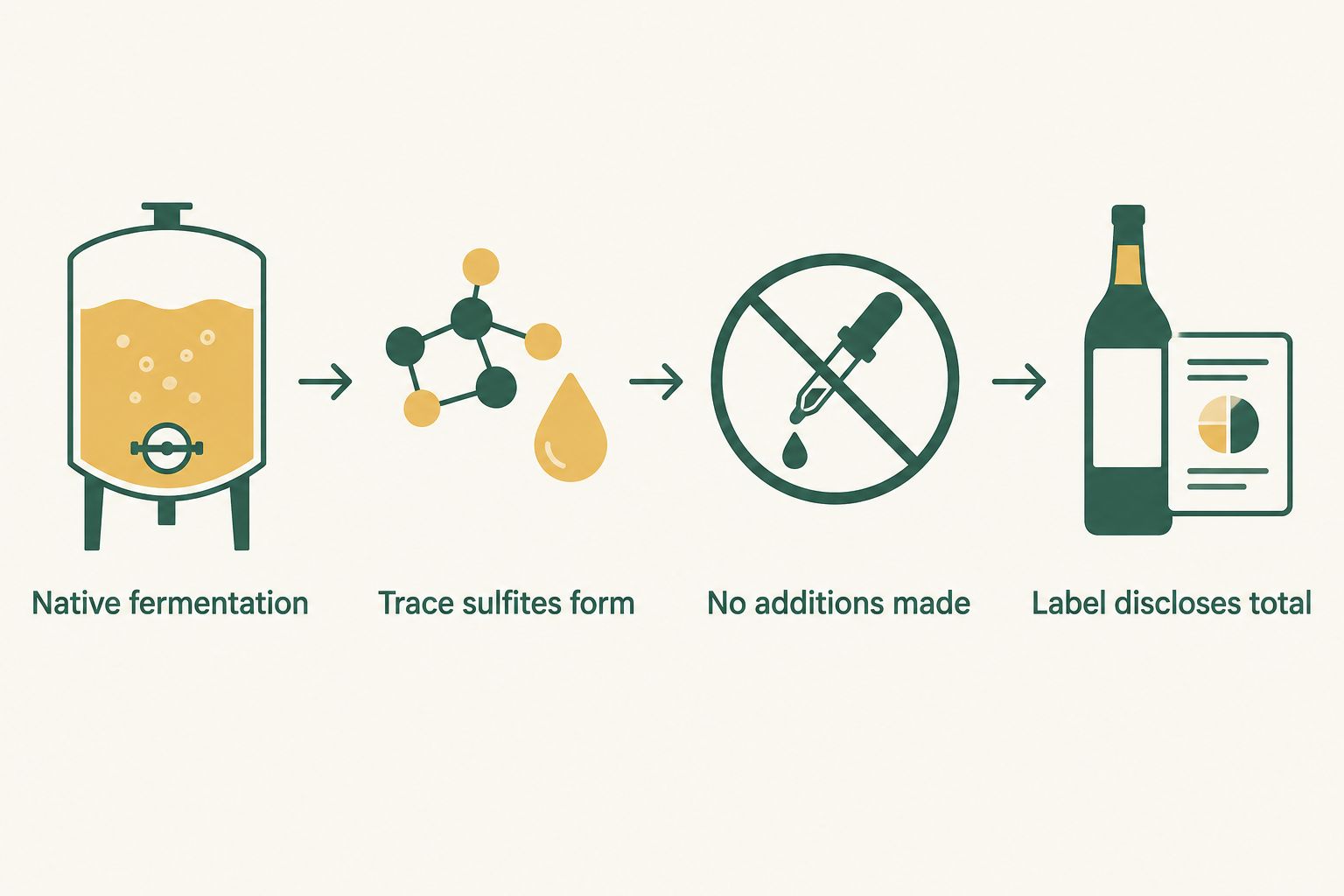 Four-step diagram showing how sulfites form naturally during wine fermentation