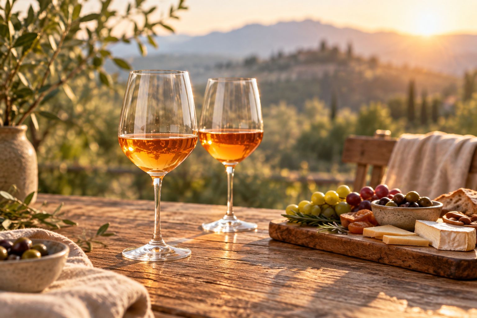 Two glasses of orange-hued wine on a wooden table at sunset