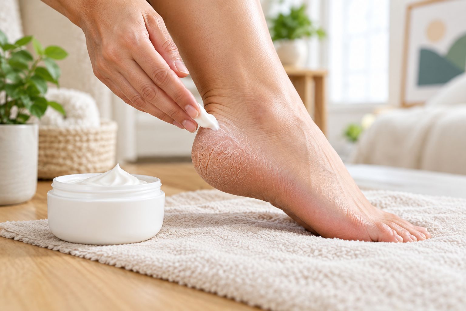 Close-up of a cracked heel next to an open tub of foot cream