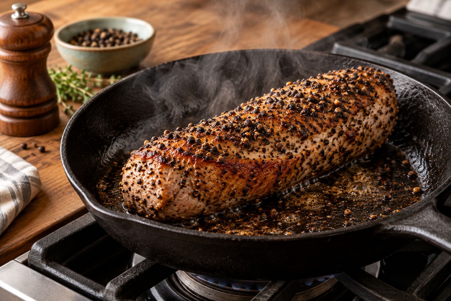 Pork tenderloin with a cracked pepper crust searing in a cast iron skillet