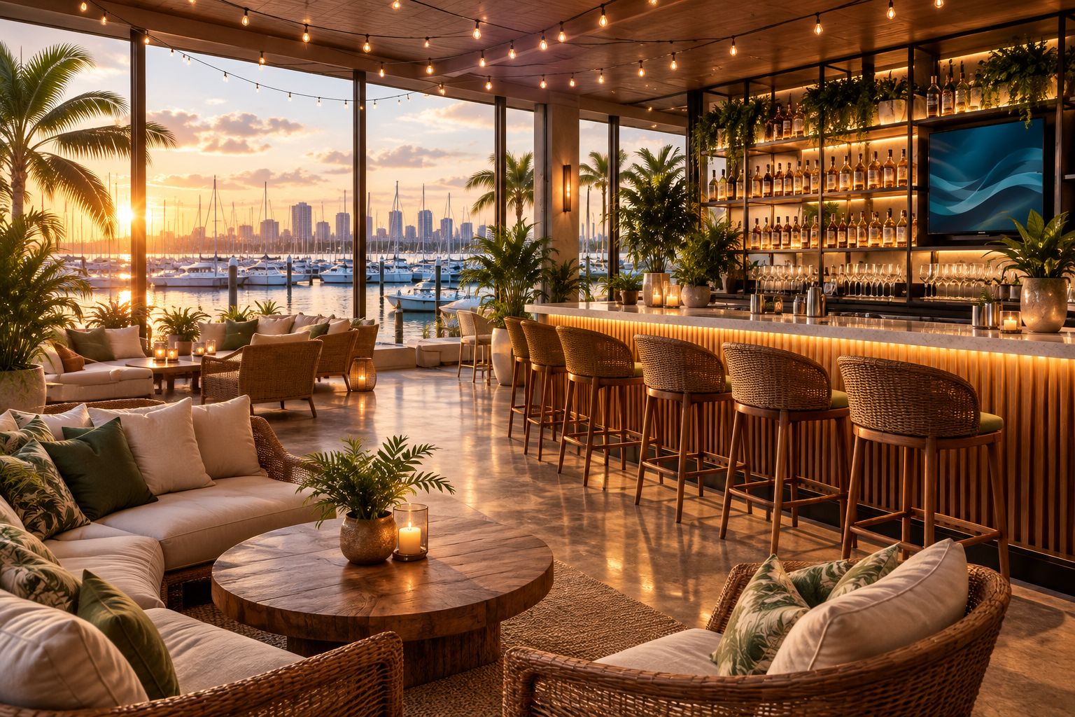 Waterfront lounge space overlooking a marina in Coconut Grove, Miami