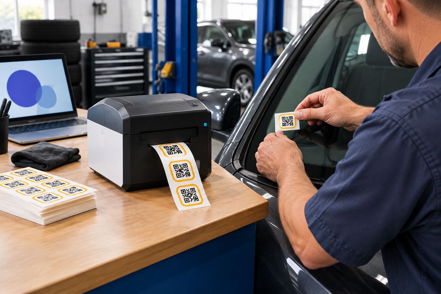 Technician applying a printed QR code oil change sticker to a windshield