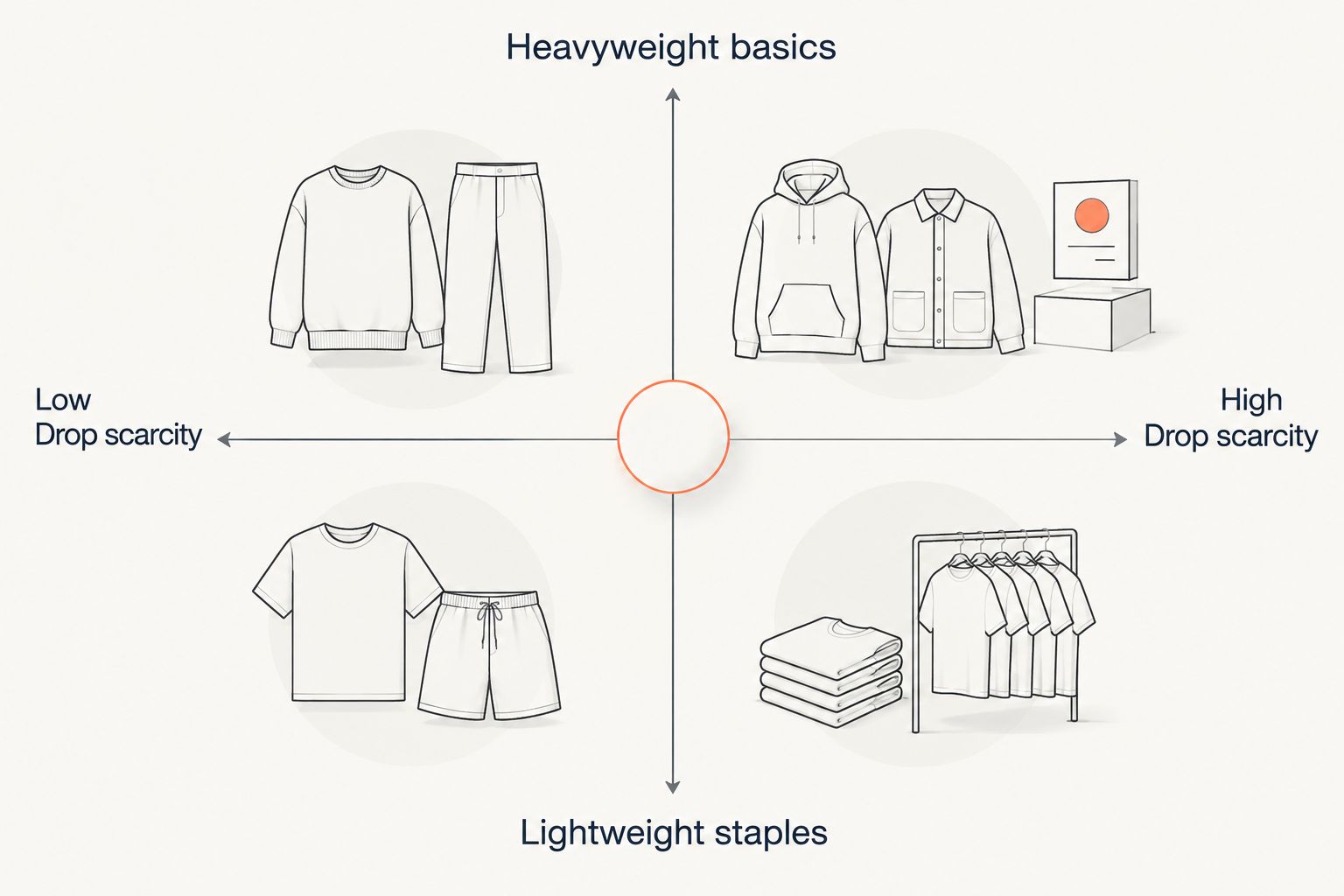 2x2 matrix comparing streetwear labels by fabric weight and drop scarcity