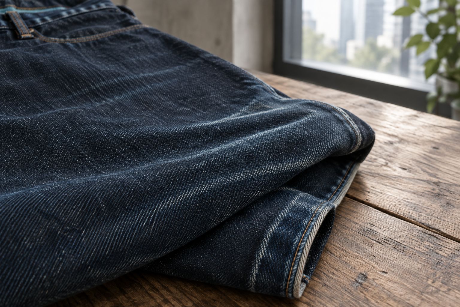 Close-up of raw indigo denim showing natural fade lines