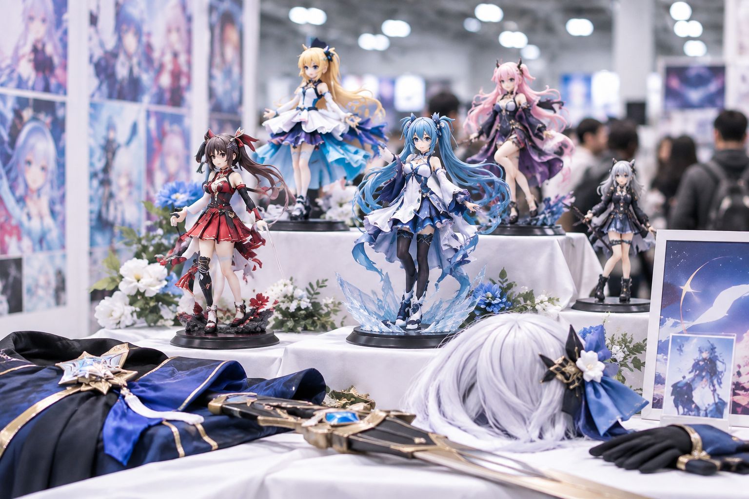 Anime figures arranged on risers at a convention artist alley table