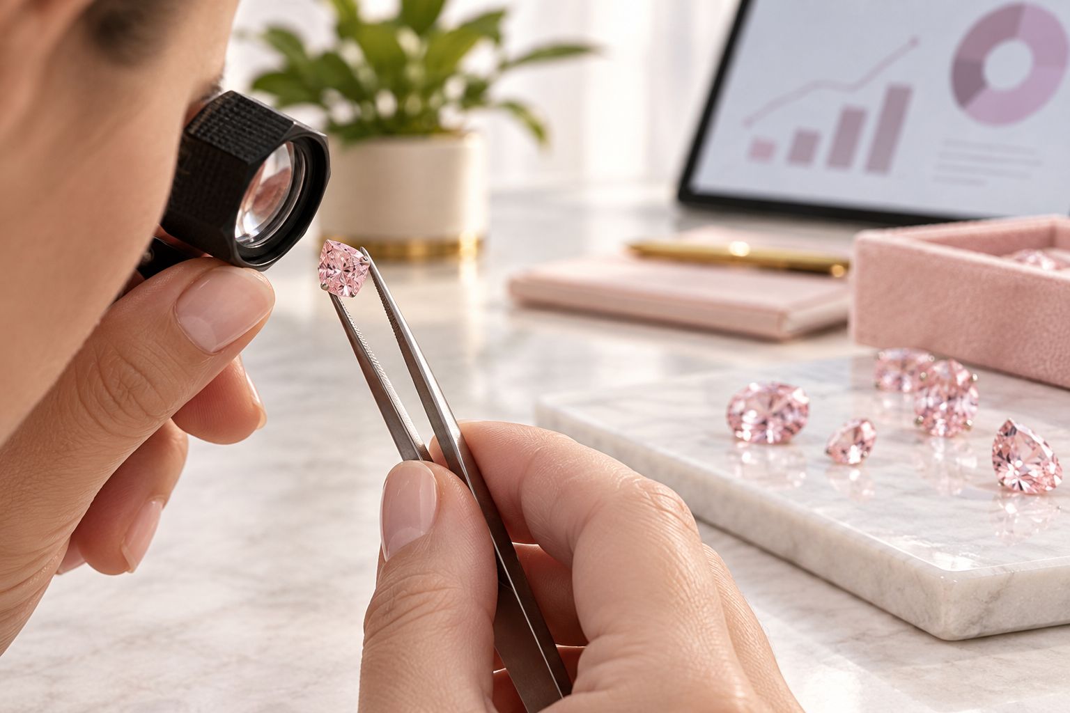 Jeweler examining a pink diamond under a loupe for color grading