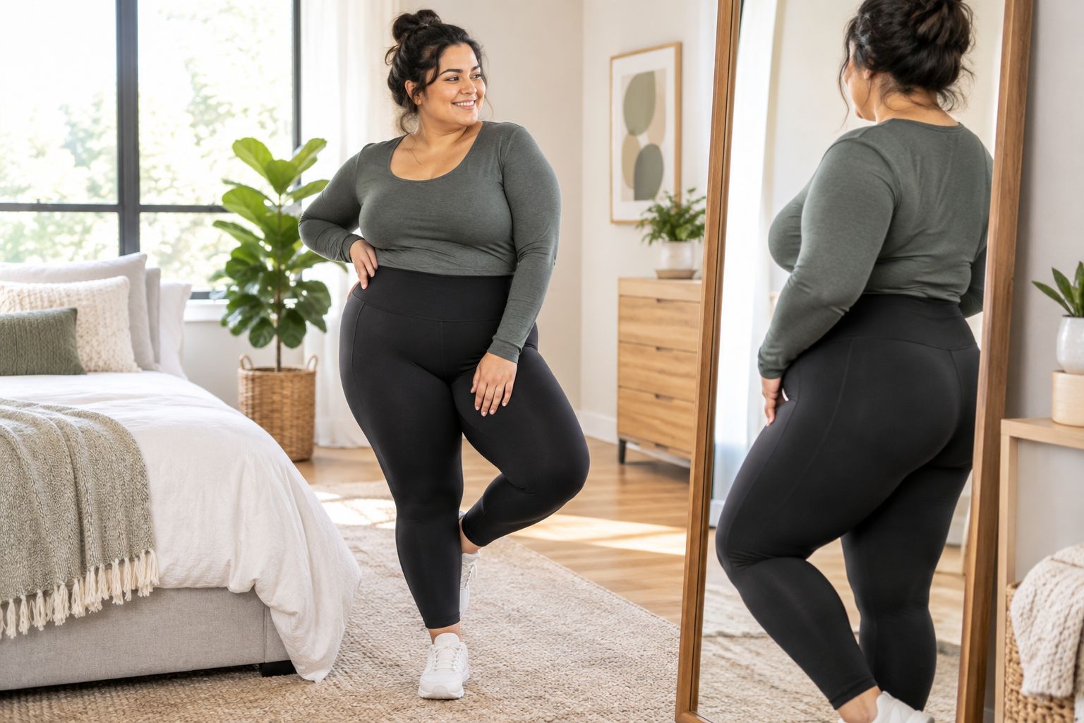Woman checking the fit of high-waisted leggings in a mirror