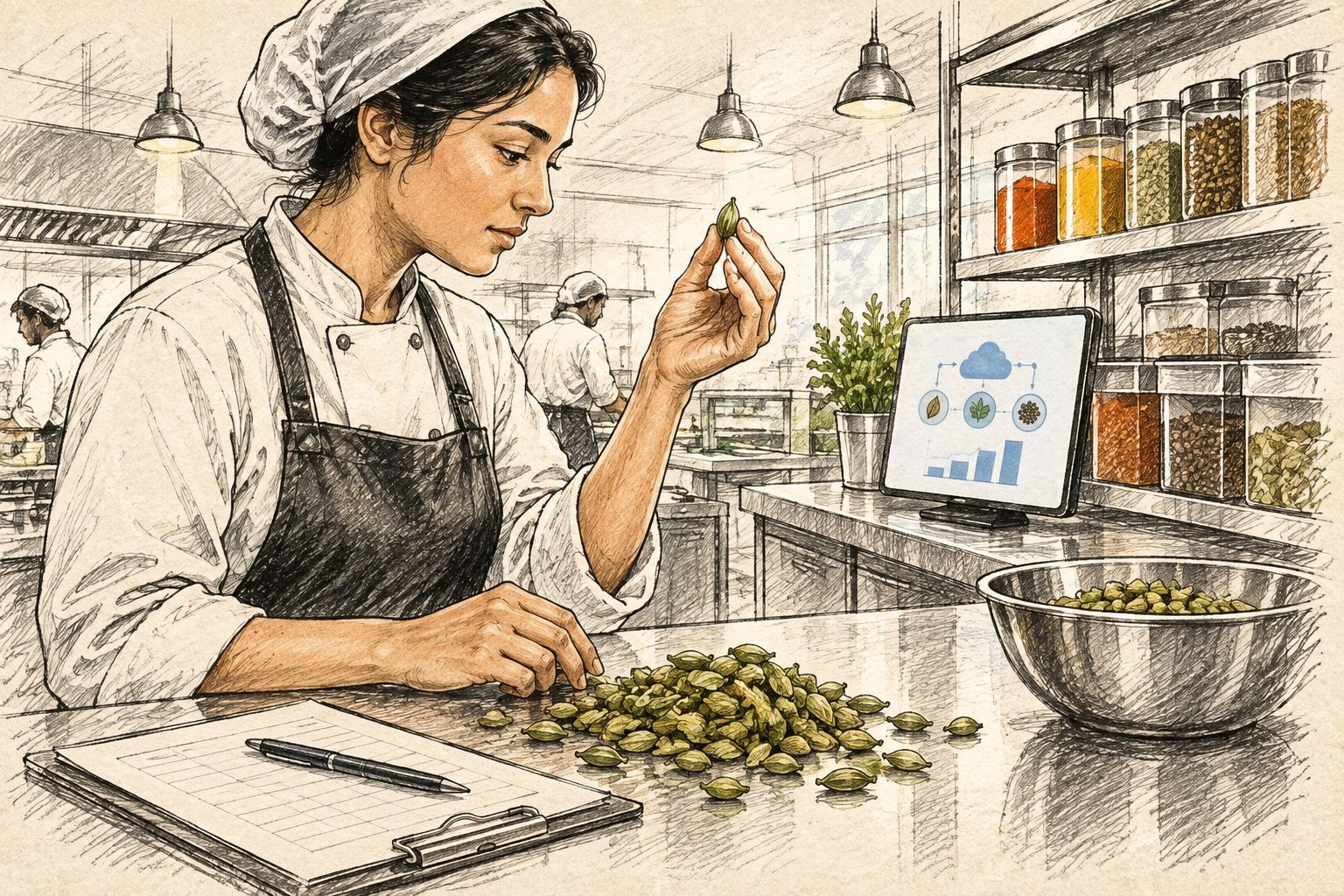 Kitchen staff inspecting green cardamom pods on a receiving check