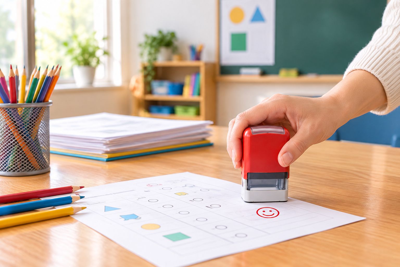 Teacher stamping a graded worksheet with a self-inking classroom stamp