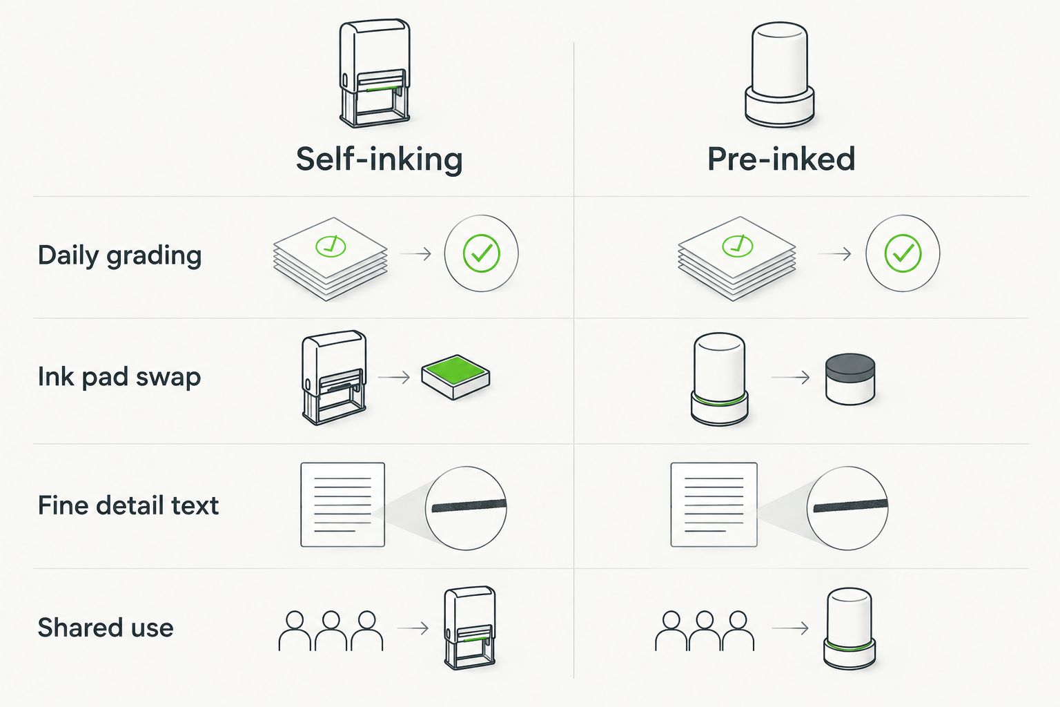 Comparison diagram of self-inking versus pre-inked stamps for classroom use